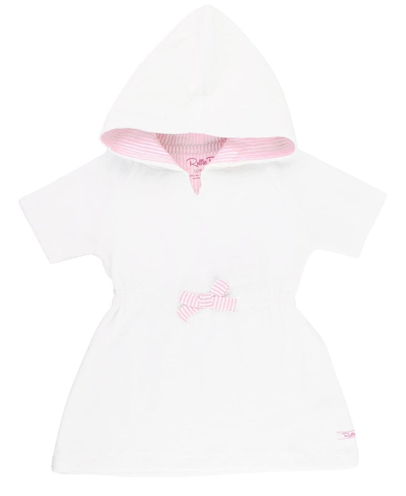 RuffleButtsÂ® Baby/Toddler Girls White w/Pink Seersucker Terry Hoodie Swimsuit Cover-Up - 3-6m - Image 1
